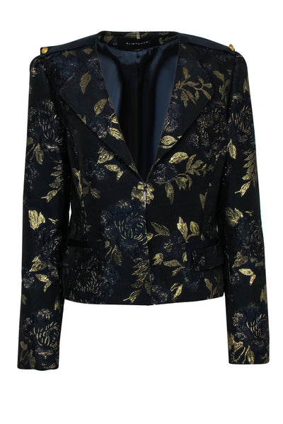 Current Boutique-Elie Tahari - Navy & Gold Floral Textured Jacket Sz M