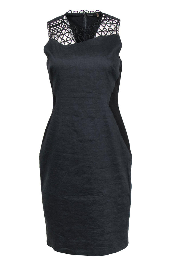 Current Boutique-Elie Tahari - Navy Sleeveless Sheath Dress w/ Black Patchwork & Eyelet Trim Sz 8
