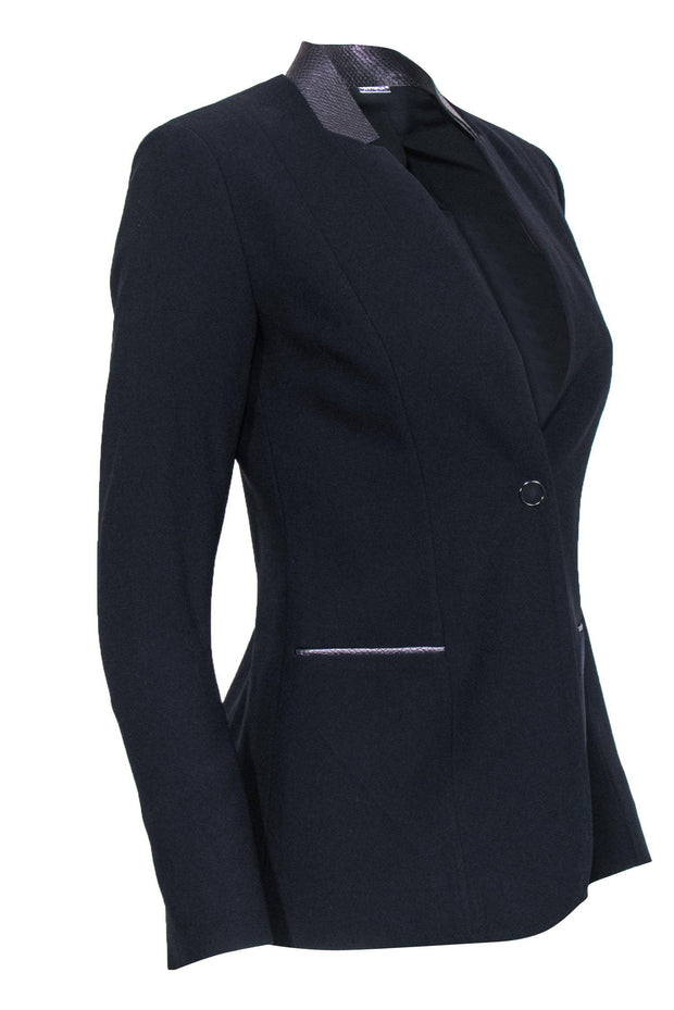 Current Boutique-Elie Tahari - Navy Slim Blazer w/ Embossed Leather Collar Sz 0