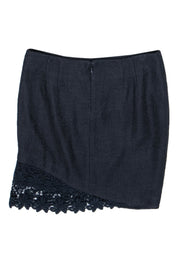 Current Boutique-Elie Tahari - Navy Tweed Draped Skirt w/ Floral Lace Trim Sz 6