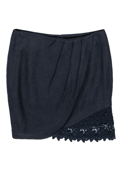 Current Boutique-Elie Tahari - Navy Tweed Draped Skirt w/ Floral Lace Trim Sz 6