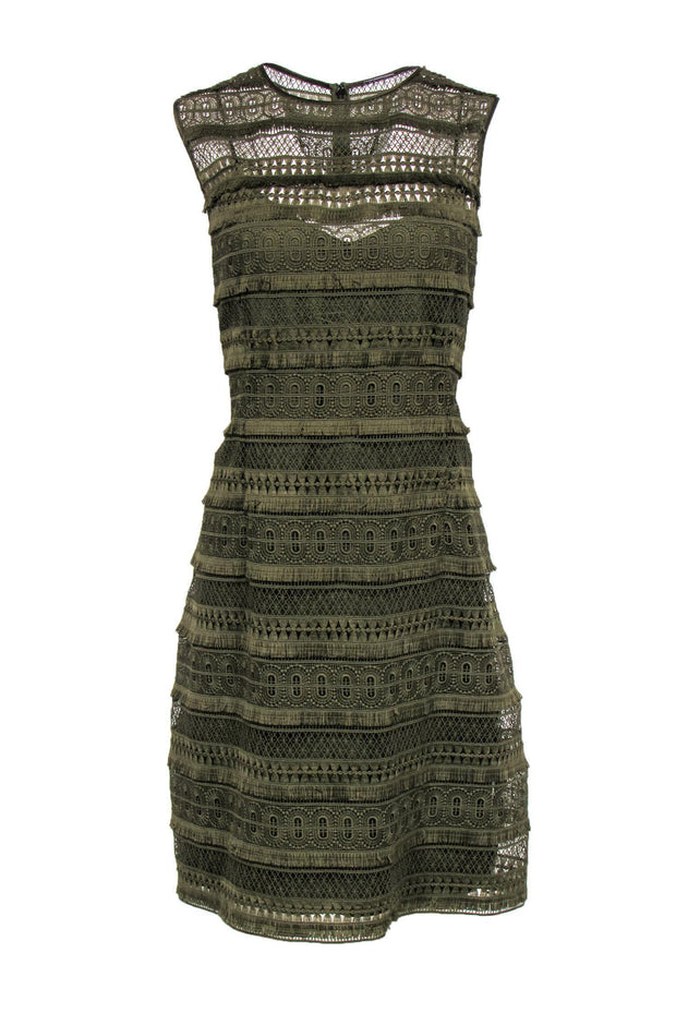 Current Boutique-Elie Tahari - Olive Green Woven Embroidered Sheath Dress Sz 14