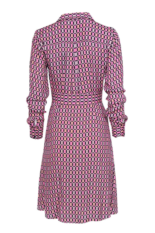 Current Boutique-Elie Tahari - Pink & Black Diamond Printed Collared Midi Dress Sz 2