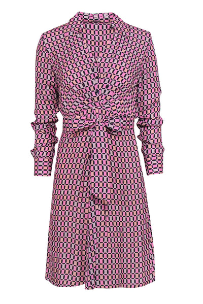 Current Boutique-Elie Tahari - Pink & Black Diamond Printed Collared Midi Dress Sz 2