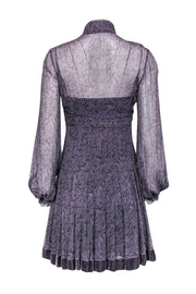 Current Boutique-Elie Tahari - Purple Printed Sheer Silk Shift Dress w/ Velvet Trim Sz 2