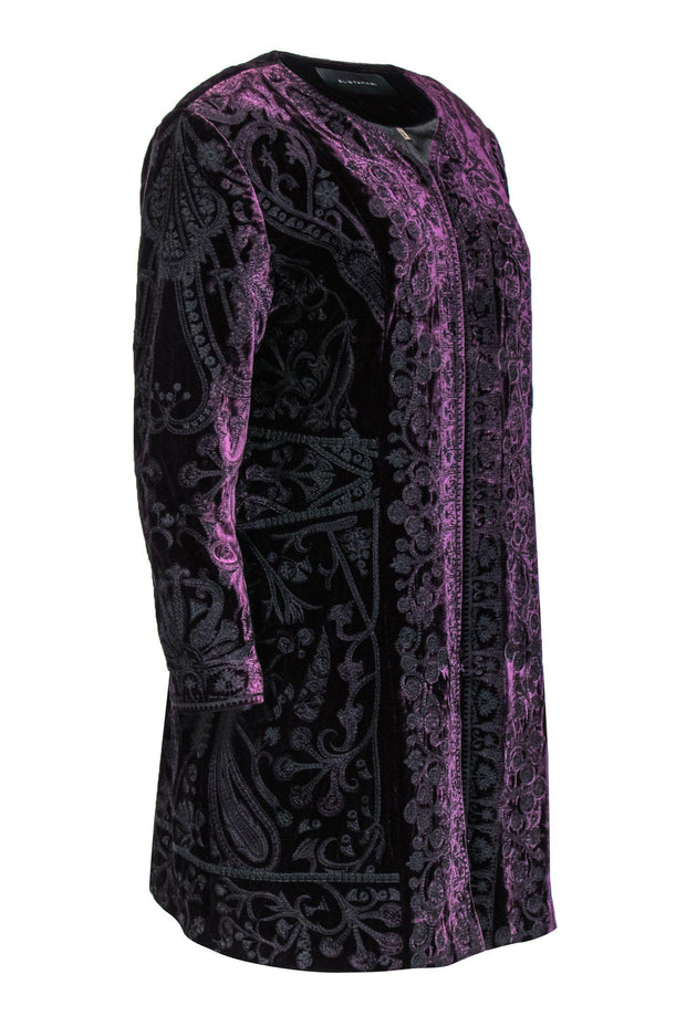 Current Boutique-Elie Tahari - Purple Velvet Embroidered Clasp-Up Jacket Sz L