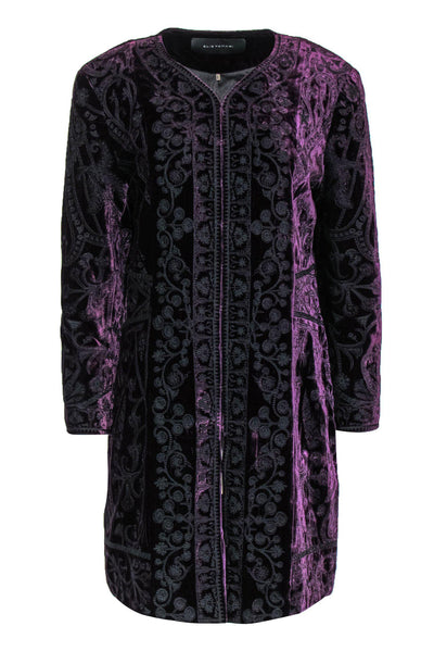 Current Boutique-Elie Tahari - Purple Velvet Embroidered Clasp-Up Jacket Sz L