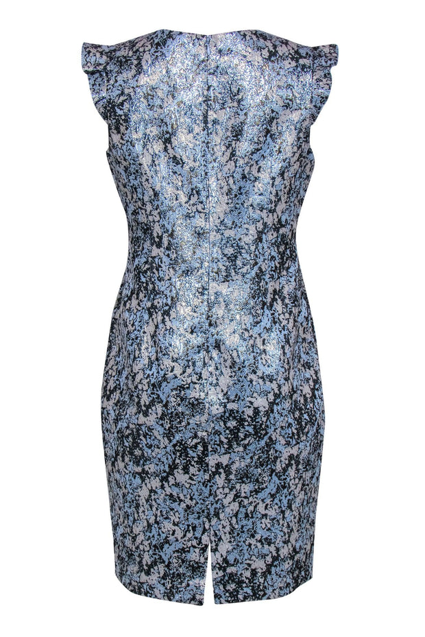 Current Boutique-Elie Tahari - Silver, Blue & Gold Metallic Ruffled Sleeve Dress Sz 10
