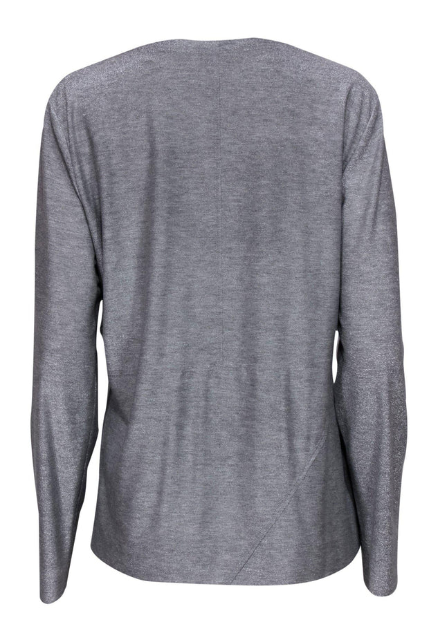 Current Boutique-Elie Tahari - Silver Sparkly Long Sleeve Shirt w/ Raw Asymmetrical Hem Sz XL