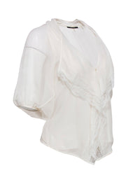 Current Boutique-Elie Tahari - White Long Sleeve Sheer Button-Up Silk Blouse w/ Lace Trim Sz XS