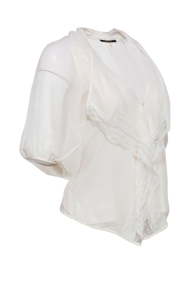 Current Boutique-Elie Tahari - White Long Sleeve Sheer Button-Up Silk Blouse w/ Lace Trim Sz XS