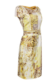 Current Boutique-Elie Tahari - Yellow Abstract Animal Print Cap Sleeve Sheath Dress Sz 6