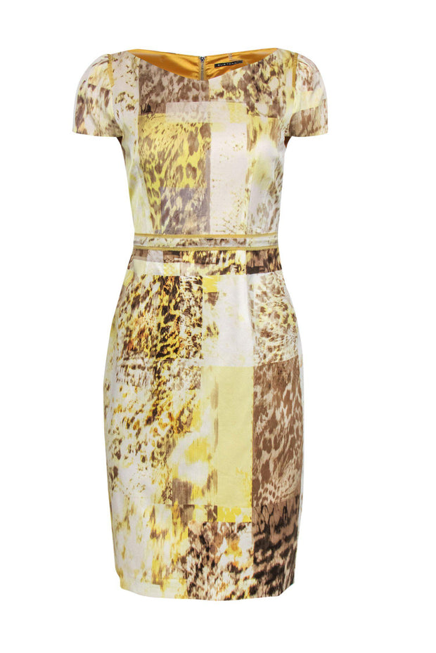 Current Boutique-Elie Tahari - Yellow Abstract Animal Print Cap Sleeve Sheath Dress Sz 6