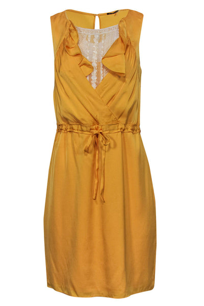 Current Boutique-Elie Tahari - Yellow Ruffle Sleeveless Tie Waist Dress w/ Lace Paneling Sz 6