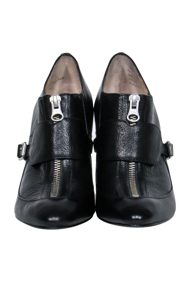 Current Boutique-Elizabeth & James - Black Leather Zip-Up Wedge Booties Sz 7