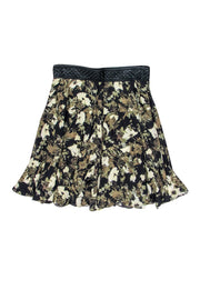 Current Boutique-Elizabeth & James - Black & Olive Floral Print Silk Skirt w/ Leather Waistband Sz S