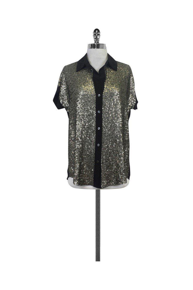 Current Boutique-Elizabeth & James - Black Silk Button-Up Blouse w/ Gold Sequins Sz S