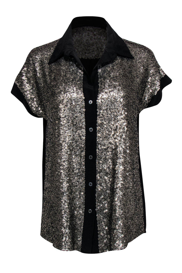 Current Boutique-Elizabeth & James - Black Silk Button-Up Blouse w/ Gold Sequins Sz S
