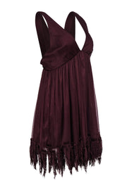 Current Boutique-Elizabeth & James - Maroon Crinkled Plunge Dress w/ Fringe Hem Sz M