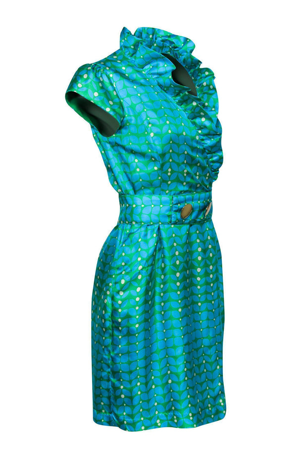Current Boutique-Elizabeth McKay - Bright Blue & Green Ruffle Wrap Dress Sz 4