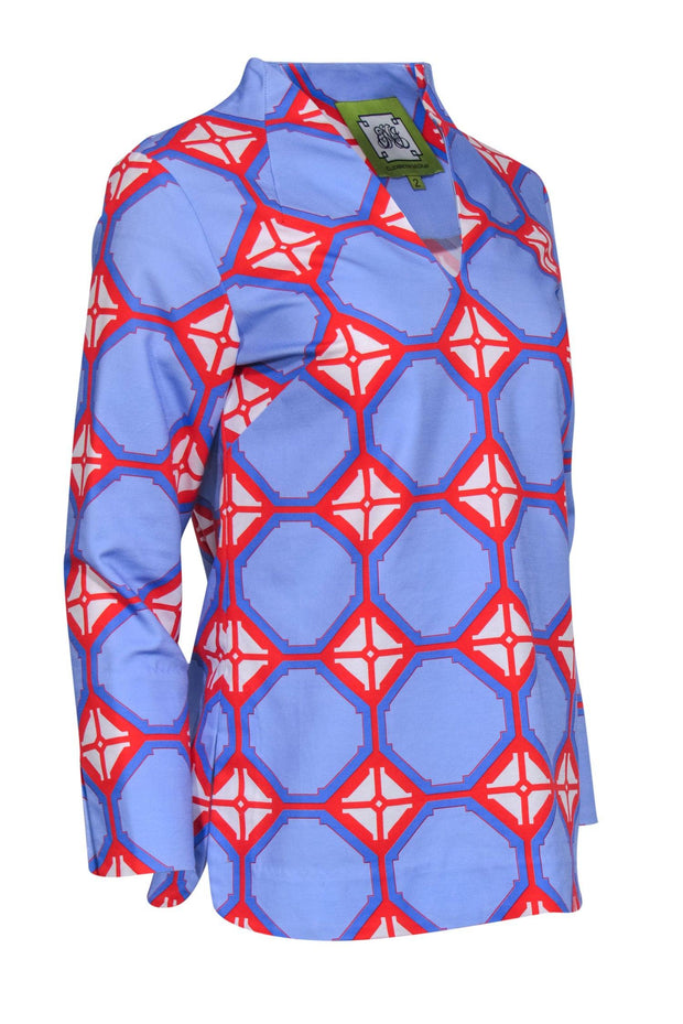 Current Boutique-Elizabeth McKay - Periwinkle, Blue, Red & White Geometric Print Cotton Tunic Sz 2