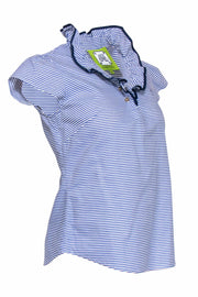 Current Boutique-Elizabeth McKay - White & Blue Pinstripe Short Sleeve Cotton Blouse Sz 2