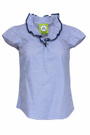 Current Boutique-Elizabeth McKay - White & Blue Pinstripe Short Sleeve Cotton Blouse Sz 2