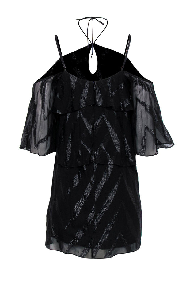Current Boutique-Ella Moss - Black Cold-Shoulder Metallic Striped Ruffle Dress Sz S