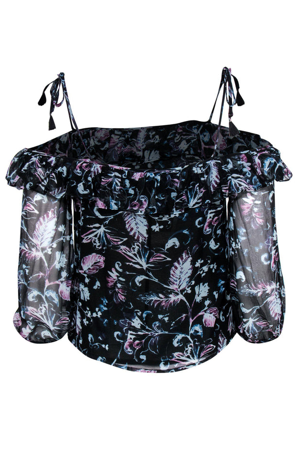 Current Boutique-Ella Moss - Black Floral Silk Open Shoulder Top Sz XS