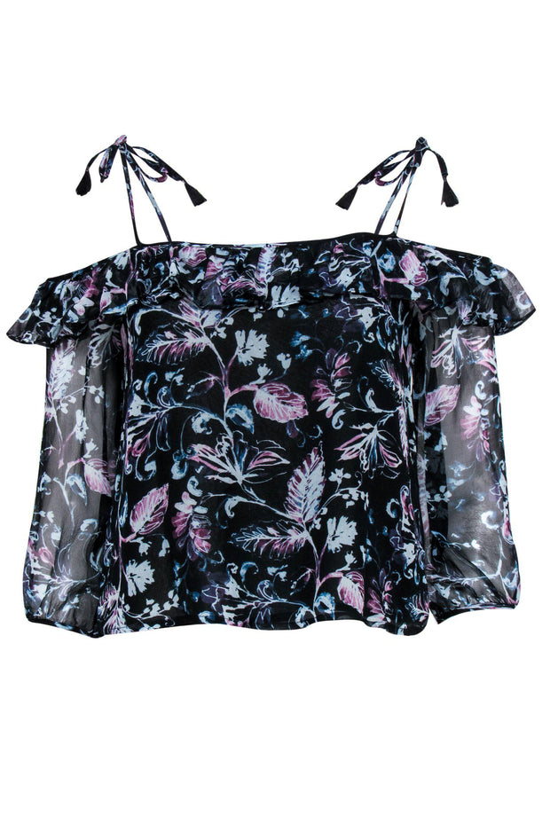 Current Boutique-Ella Moss - Black Floral Silk Open Shoulder Top Sz XS