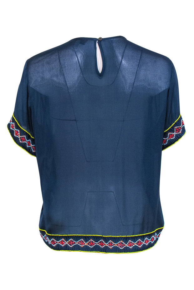 Current Boutique-Elle Sasson - Navy Silk Parrot Beaded Short Sleeve Top Sz 4