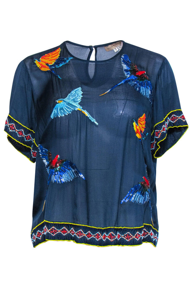 Current Boutique-Elle Sasson - Navy Silk Parrot Beaded Short Sleeve Top Sz 4