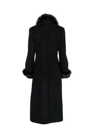 Current Boutique-Ellen Tracy - Black Wool Blend Longline Buttoned Coat w/ Fox Fur Trim Sz 4