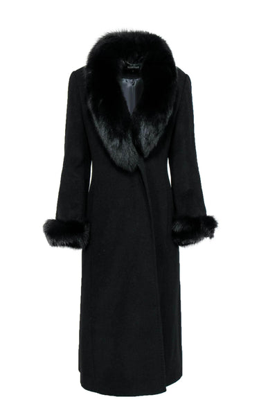 Current Boutique-Ellen Tracy - Black Wool Blend Longline Buttoned Coat w/ Fox Fur Trim Sz 4