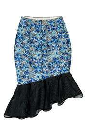 Current Boutique-Elliatt - Blue Floral Embroidered Midi Skirt w/ Mesh & Ruffles Sz XS