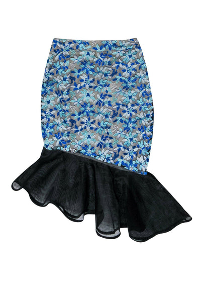 Current Boutique-Elliatt - Blue Floral Embroidered Midi Skirt w/ Mesh & Ruffles Sz XS