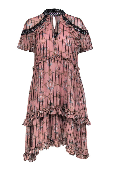 Current Boutique-Elliatt - Pink Floral Print & Striped Tiered "Matinee" Dress w/ Ruffled & Lace Trim Sz L