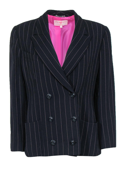 Current Boutique-Emanuel Ungaro - Black Double Breasted Blazer w/ Pink Pinstripes Sz 12