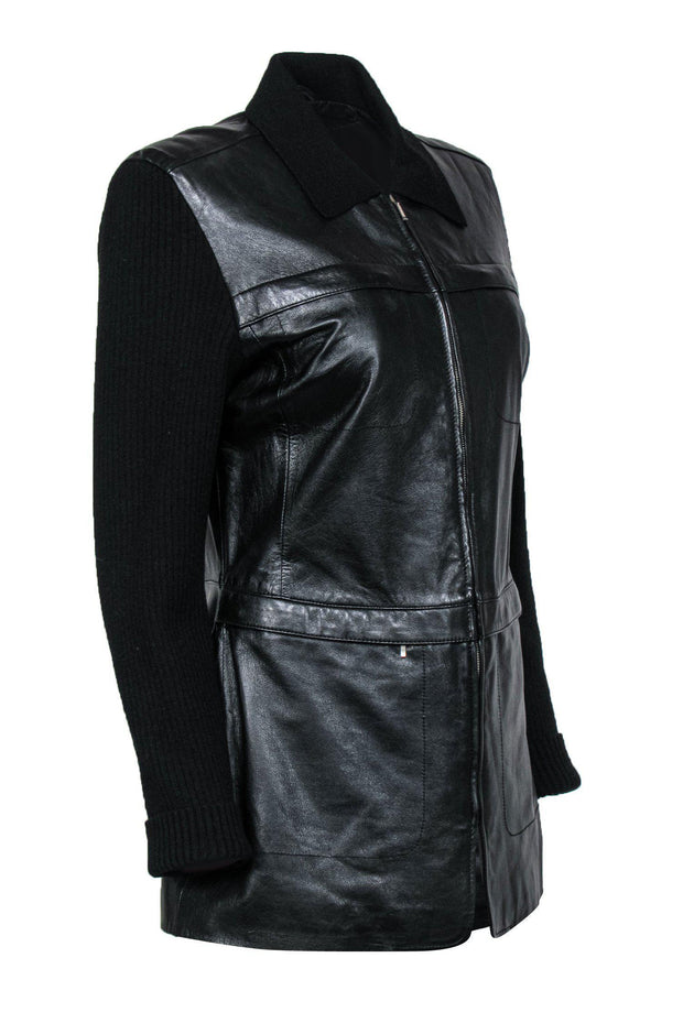 Current Boutique-Emanuel Ungaro - Vintage Black Leather Zip-Up Jacket w/ Ribbed Sweater Sleeves Sz M