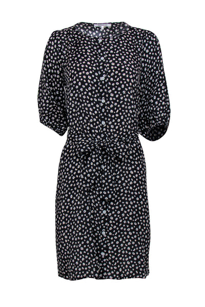 Current Boutique-Emerson Fry - Black Daisy Printed Puffed Sleeve Dress Sz S