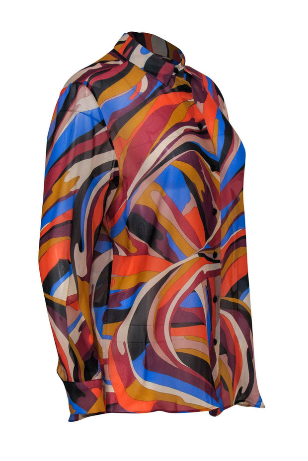 Current Boutique-Emilio Pucci - Multicolored Printed Long Sleeve Button-Up Silk Sheer Blouse Sz 14