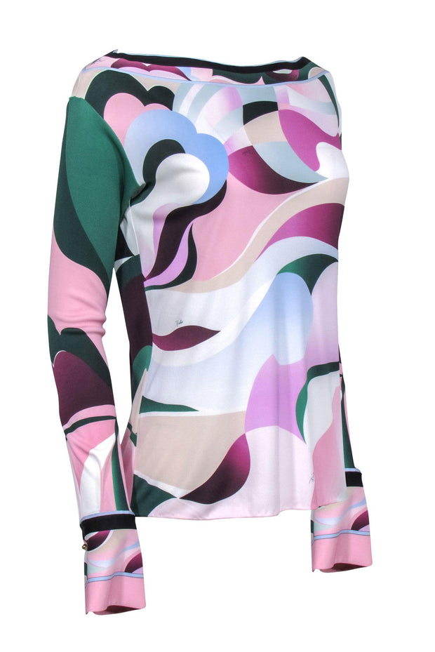 Current Boutique-Emilio Pucci - Pink, Green, & Purple Abstract Print Jersey Fitted Long Sleeve Top Sz 12