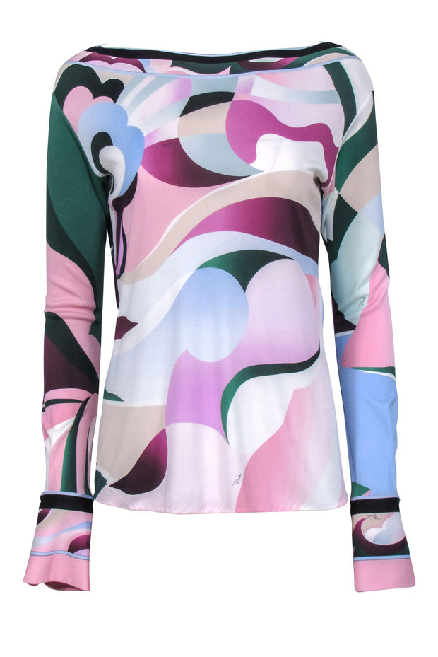 Current Boutique-Emilio Pucci - Pink, Green, & Purple Abstract Print Jersey Fitted Long Sleeve Top Sz 12