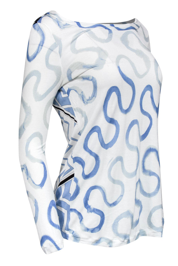 Current Boutique-Emilio Pucci - White & Blue Swirl & Zigzag Printed Shirt Sz 10