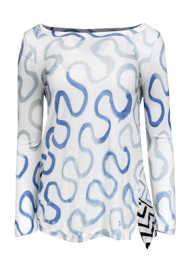 Current Boutique-Emilio Pucci - White & Blue Swirl & Zigzag Printed Shirt Sz 10