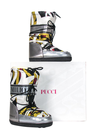 Current Boutique-Emilio Pucci - White & Silver Geometric Print Snow Boots Sz 6