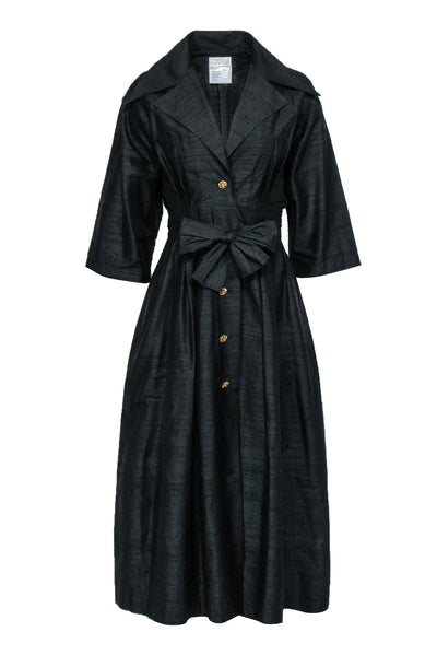 Current Boutique-Emmanuelle Khanh - Vintage Black Silk Large Collar Button Front Dress Sz 8