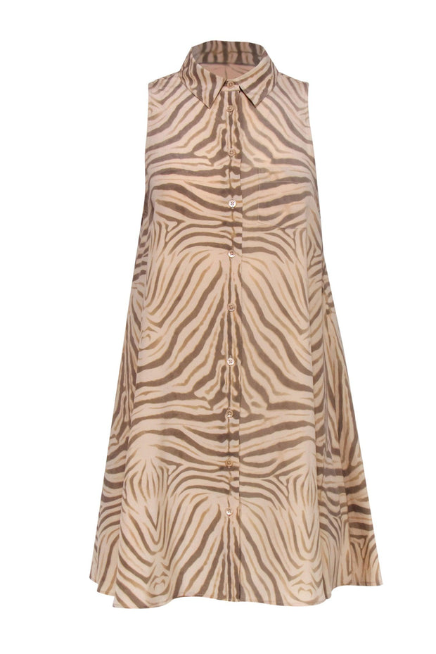 Current Boutique-Equipment - Beige Zebra Print Sleeveless Silk “Mina” Shirtdress Sz S