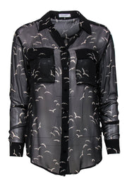 Current Boutique-Equipment - Black & Beige Bird Print Button-Up Sheer Silk Blouse Sz XS