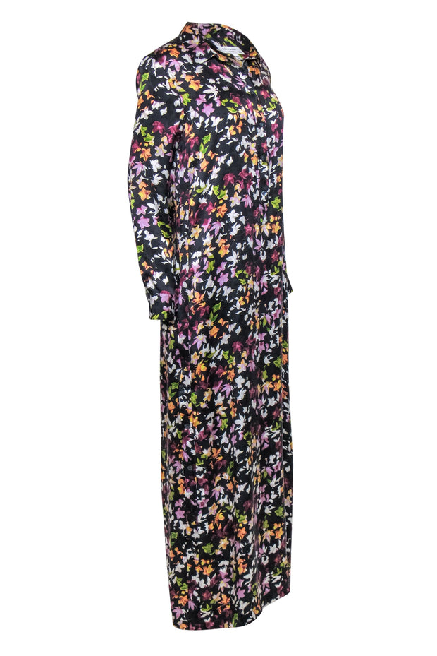 Current Boutique-Equipment - Black & Multicolor Floral Print Long Sleeve Silk Maxi Dress Sz M